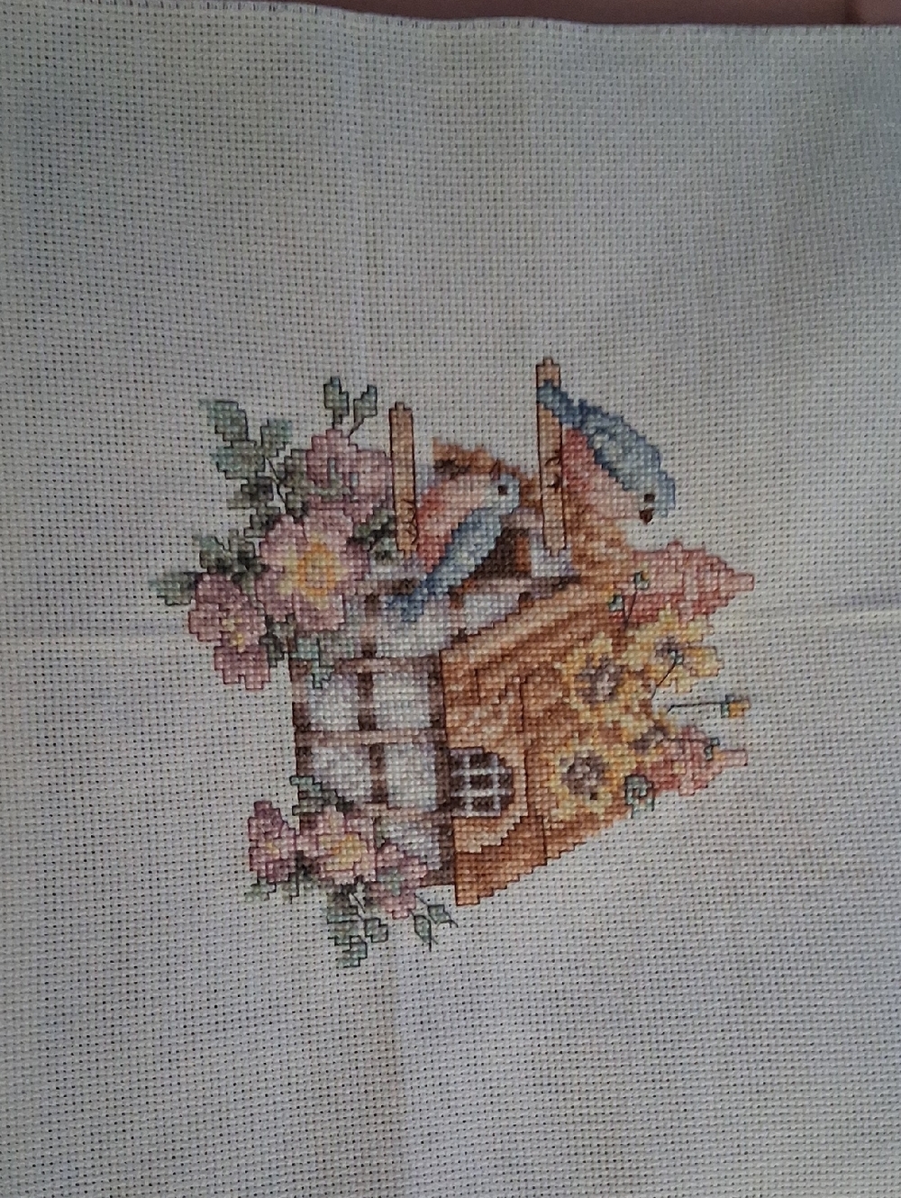 Hand-Embroidered Birdhouse Cross Stitch Panel in Pastel Pink and Cream - Picture 3 of 3